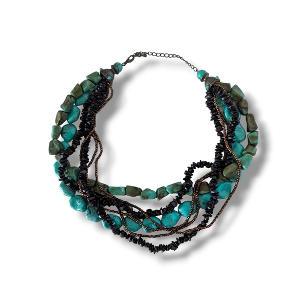 Turquoise Necklace Choker Multi Strand Boho Beaded Tribal Collar - Picture 7 of 8